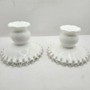 Vintage Pair of Fenton Silver Crest Milk Glass Candle Holders